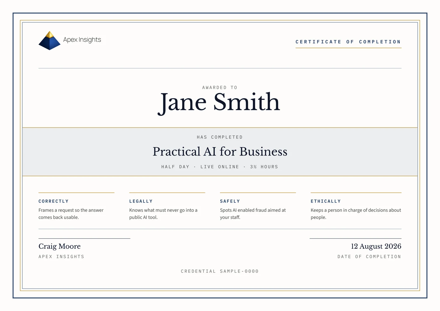 Sample certificate of completion for Practical AI for Business, awarded to Jane Smith, half day, live online, 3½ hours.