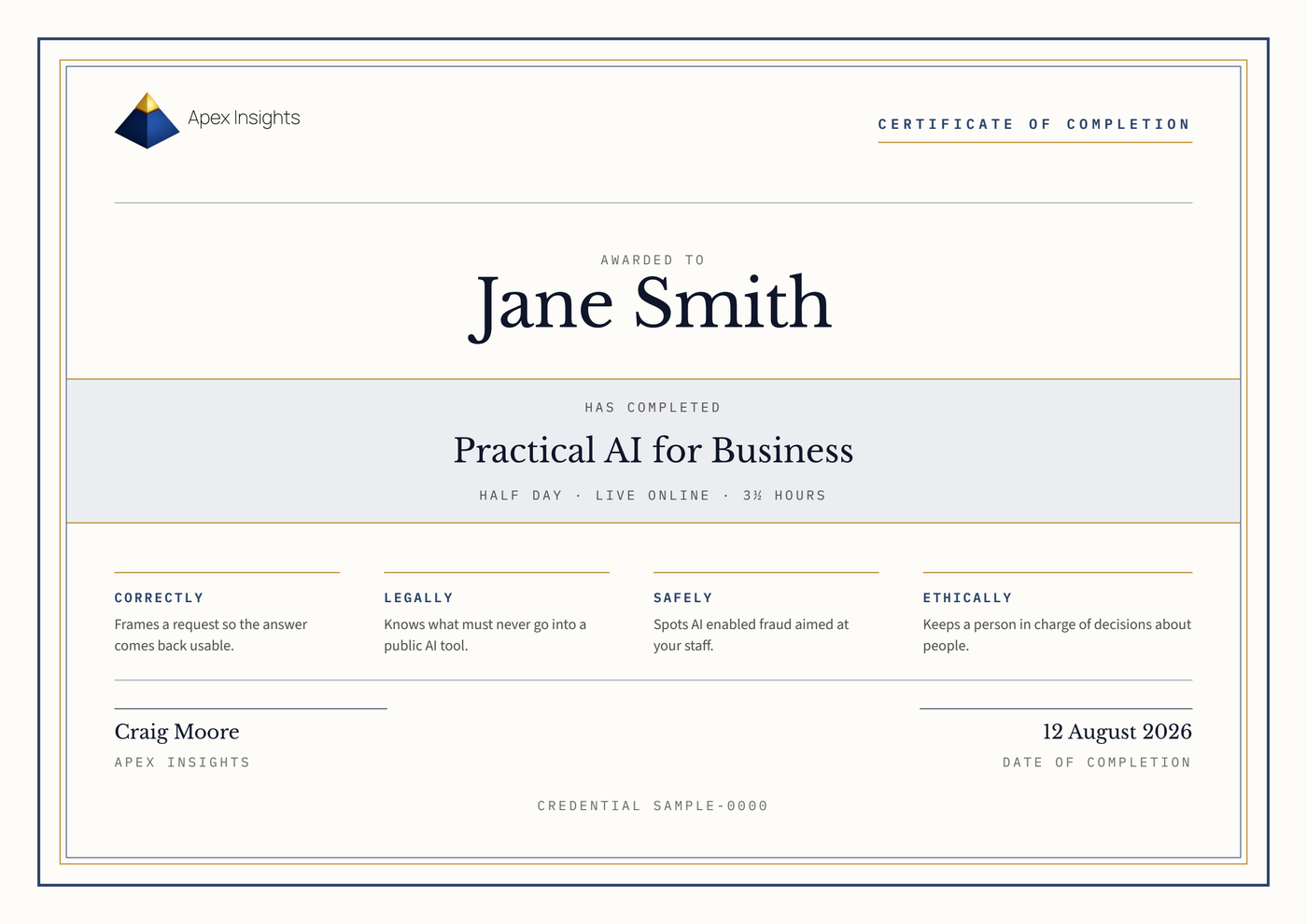 Sample certificate of completion for Practical AI for Business, awarded to Jane Smith, half day, live online, 3½ hours.