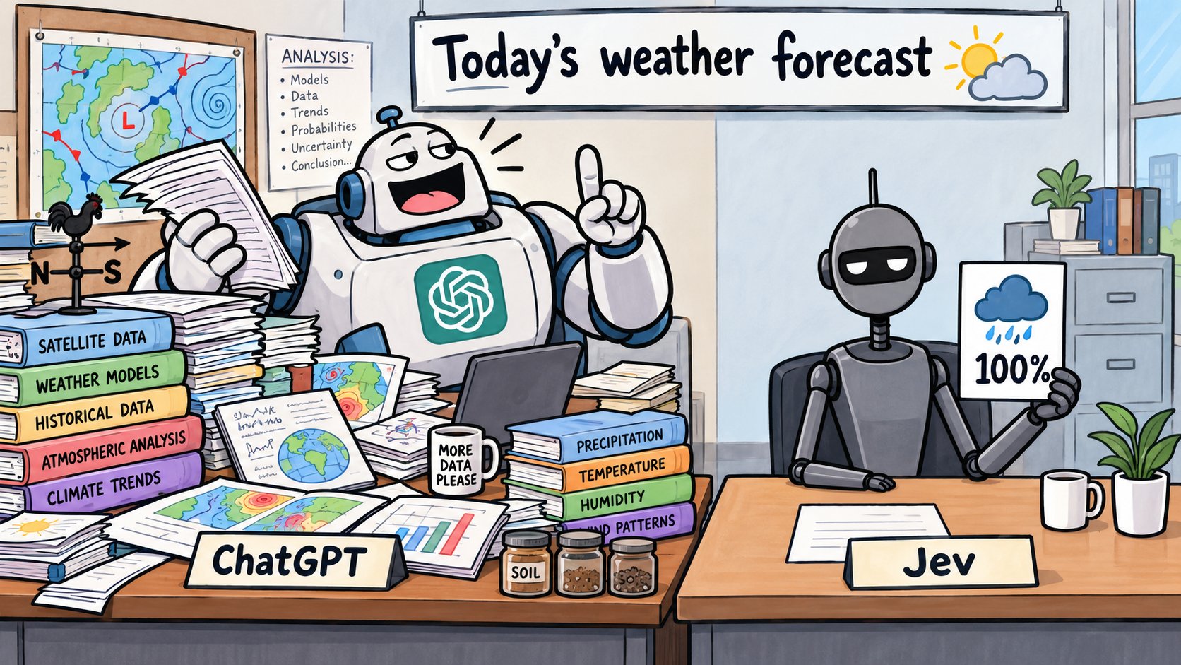 Cartoon of two robots at desks under a sign reading Today's weather forecast. A big ChatGPT robot, buried in papers, maps and weather books, raises a finger to explain, while a small grey Jev robot at a tidy desk holds up a card showing a rain cloud and 100%