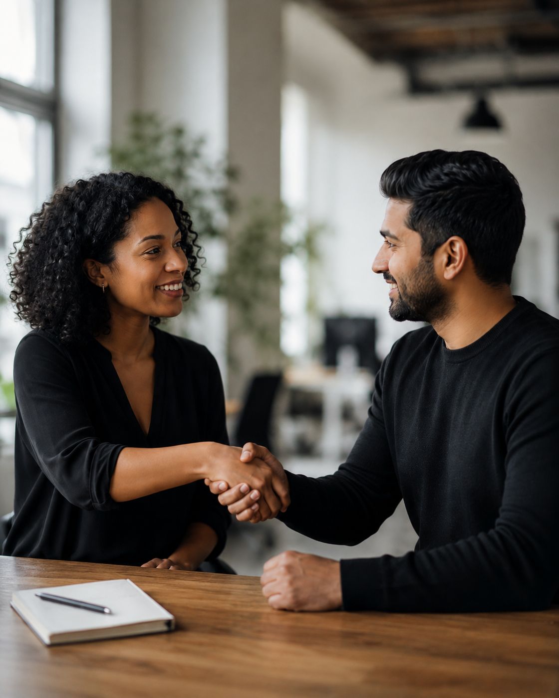 Two colleagues shaking hands across a wooden desk in an open plan office.