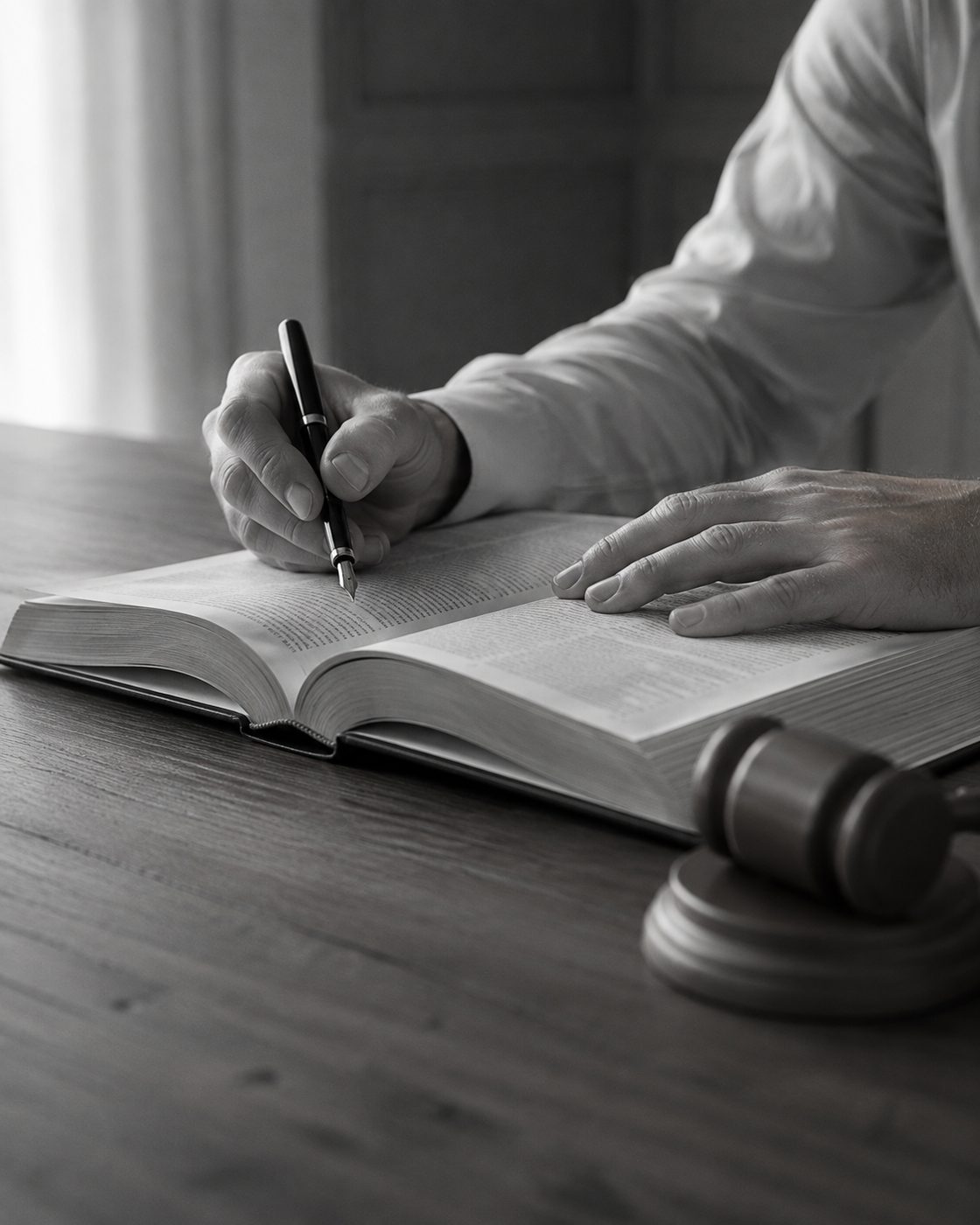 Hands writing with a fountain pen in an open legal reference book on a wooden desk, with a gavel resting beside it.