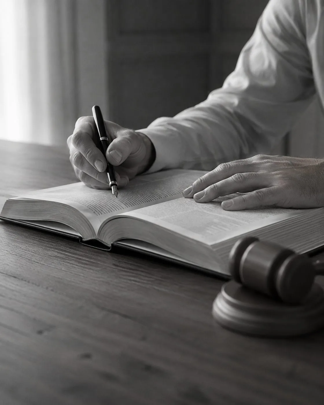 Hands writing with a fountain pen in an open legal reference book on a wooden desk, with a gavel resting beside it.