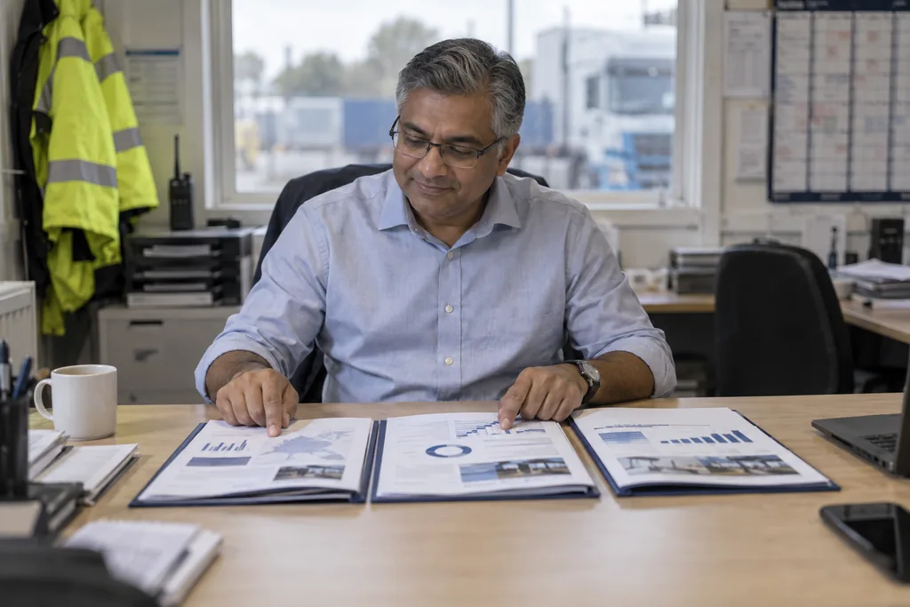 A finance manager at a depot office comparing three identical monthly report packs