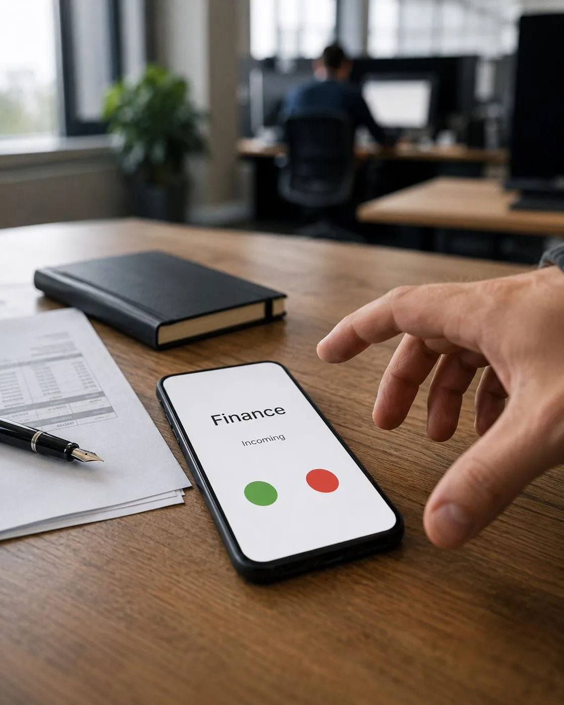 A mobile phone on a wooden office desk showing an incoming call labelled Finance, with a hand reaching for it, a printed invoice and a notebook alongside.