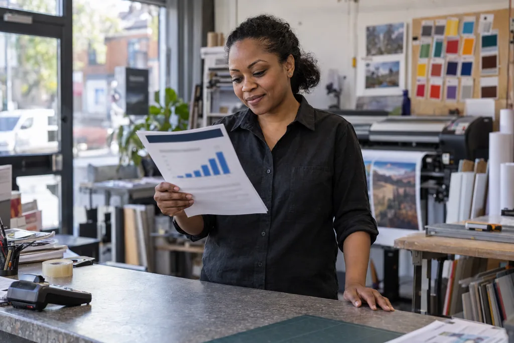 The owner of a small print shop reading a short printed report at her counter